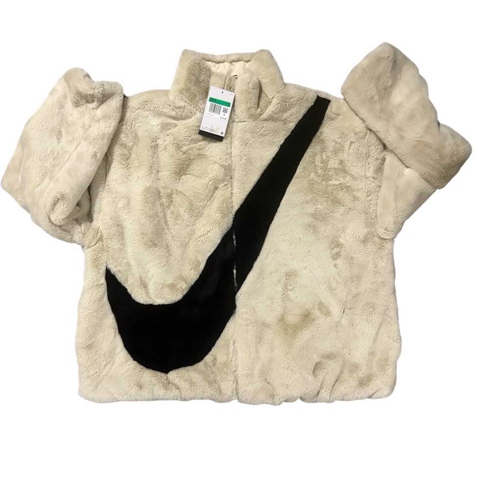 Nike NSW Sportswear Faux Fur Jacket Fossil White Black Womens DM1759-238 Size XL